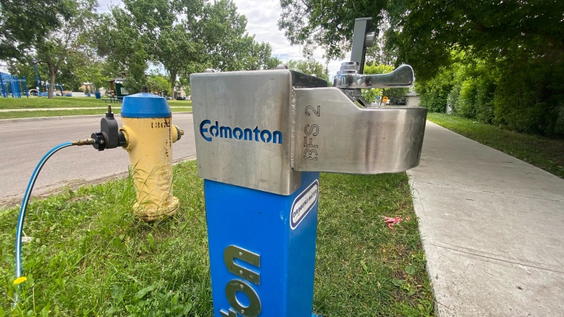 A water bottle filling station can be seen attached to a hydrant in Edmonton on July 6, 2024. (Galen McDougall/CTV News Edmonton)