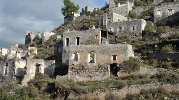 <b>Location: Turkiye – Kayakoy</b><br><br>
This village not far from Fethiye became a ghost town at the end of the Greco-Turkish war in the 1920s after a population exchange between the two countries. An earthquake in 1957 then damaged many of the town's empty buildings.<br><br>
(Photo by: Andia/Universal Images Group via Getty Images)
